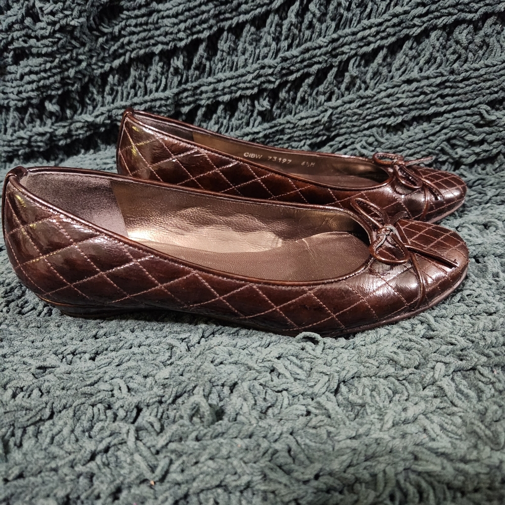 Stuart Weitzman Brown Quilted Patent Leather Flats